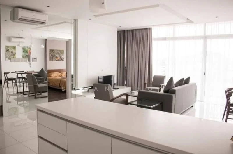 Living features: floor-to-ceiling windows, grey fabric sofa, coffee table, TV console, wall-mounted TV, area rug, curtains, recessed downlights, white painted walls, polished tile flooring, decorative artwork, open layout to dining area; style: modern; view: city. Dining features: 4-seater dining table, metal dining chairs, white painted walls, polished tile flooring, recessed downlights; style: modern; view: city. Bedroom features: queen-size bed, bedding, bedside table, curtains, wall-mounted artwork, white painted walls, polished tile flooring; style: modern; view: city.