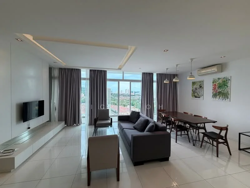 Living features: grey fabric sofa, 2 armchairs in light grey, white feature wall, flat-screen TV mounted on wall, recessed ceiling with LED lighting, large floor-to-ceiling windows, sheer curtains, marble tile flooring, area rug, dining table with wooden chairs, decorative wall art; style: modern; view: city.