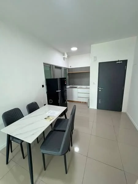 Dining features: marble dining table, 4 grey upholstered dining chairs, white painted walls, tile flooring, recessed ceiling lights, open kitchen layout, black refrigerator, kitchen cabinetry with grey finish, kitchen countertop, wall-mounted light fixture; style: modern.