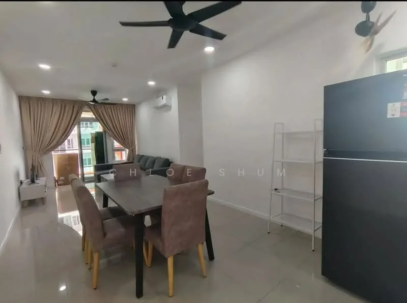 Dining features: dining table with 6 chairs, grey upholstered chairs, white walls, recessed downlights, sliding glass door, floor-to-ceiling windows, curtains, air conditioning unit, polished tile flooring, ceiling fan; style: modern; view: city. Living features: sofa, TV console, wall-mounted TV, area rug; style: modern; view: city. Kitchen features: stainless-steel fridge, open shelving, counter space; style: modern.