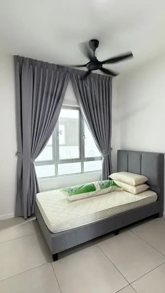 Bedroom features: queen-size bed, upholstered headboard, grey fabric bed frame, 2 pillows, green decorative cushion, floor-to-ceiling window, grey curtains, ceiling fan, white painted walls, tile flooring; style: modern.