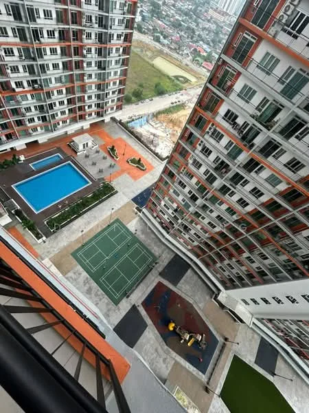 Exterior type: high-rise condominium; features: infinity pool, tennis courts, landscaped garden area, children's playground, manicured pathways, surrounding greenery, multiple residential towers, pool deck with loungers; style: modern.