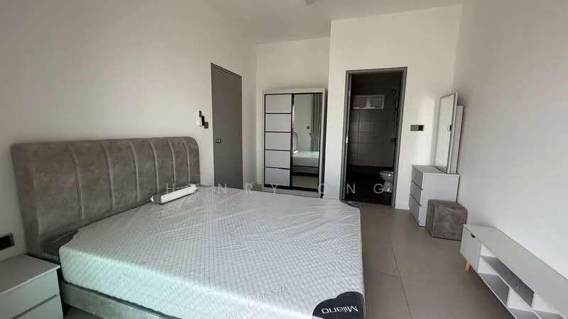 Bedroom features: queen-size bed with upholstered headboard, white walls, grey tiled flooring, built-in wardrobe with sliding doors, full-length mirror, nightstand, dressing table, window with no visible treatment, en-suite bathroom door, minimalist decor; style: modern.