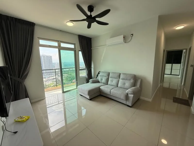 Living features: 3-seater fabric sofa in light grey, ceiling fan with light, floor-to-ceiling windows, sliding glass door, grey curtains, white walls, glossy tile flooring, air conditioning unit, TV console, decorative wall, natural light from windows; style: modern; view: city. Room features: white walls, glossy tile flooring, doorway leading to hallway.