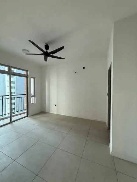 Room features: white painted walls, tile flooring, 5-blade ceiling fan, floor-to-ceiling windows, sliding glass door, balcony access, recessed lighting, neutral color scheme; style: modern; view: city.