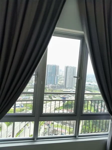 Room features: floor-to-ceiling windows, grey curtains, city view, balcony railing; view: city.