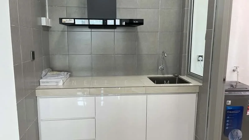 Kitchen features: white cabinetry, grey tiled walls, marble countertop, single-bowl stainless-steel sink, chrome pull-down faucet, built-in range hood, wall-mounted microwave, window above sink, appliance garage, under-cabinet lighting; style: modern.