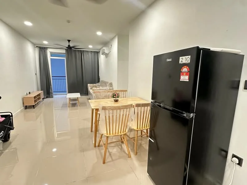 Living features: grey fabric sofa, wooden dining table with 4 chairs, black refrigerator, TV console, floor-to-ceiling windows, curtains, wall-mounted air conditioning unit, polished tile flooring, ceiling fan, decorative plant on table; style: modern; view: city.