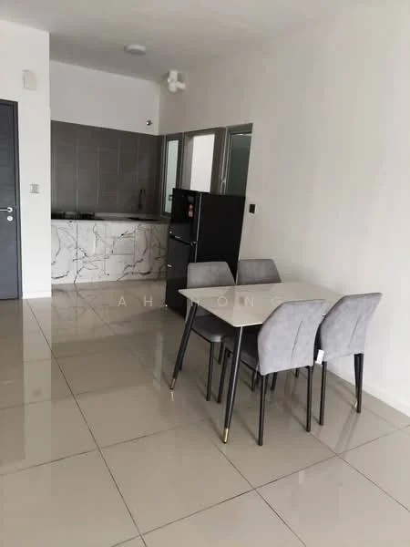 Dining features: 4-seater dining table, grey upholstered dining chairs, glossy beige tile flooring, white painted walls, kitchenette with marble countertop, black refrigerator, kitchen cabinets with grey finish, stainless-steel sink, wall-mounted light fixture; style: modern.