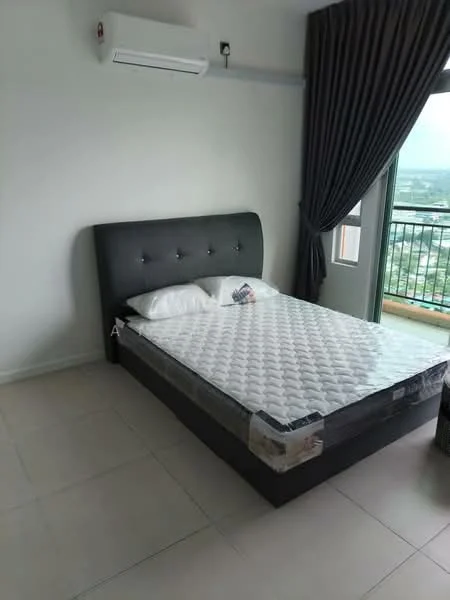 Bedroom features: king-size bed, upholstered headboard in black, white bedding, floor-to-ceiling window, curtains in dark grey, wall-mounted split AC, light-colored tiled flooring, decorative bedside table; style: modern; view: city.