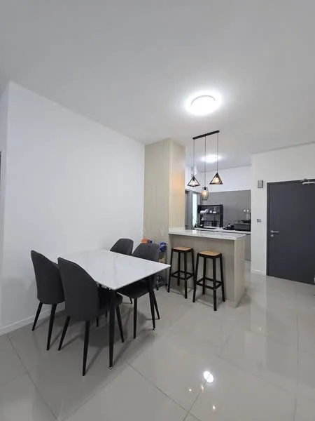 Kitchen features: white painted walls, glossy tile flooring, marble dining table, 4 upholstered dining chairs in grey, kitchen island with bar stools, pendant lighting above island, stainless-steel appliances, built-in cabinetry, open layout to living area; style: modern.