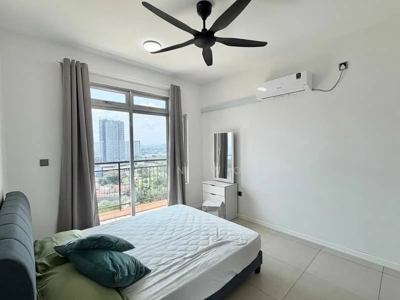 Bedroom features: queen-size bed, upholstered headboard, 2 green throw pillows, floor-to-ceiling windows, grey curtains, wall-mounted split AC, ceiling fan with light, nightstand, mirror, tile flooring, white painted walls; style: modern; view: city.