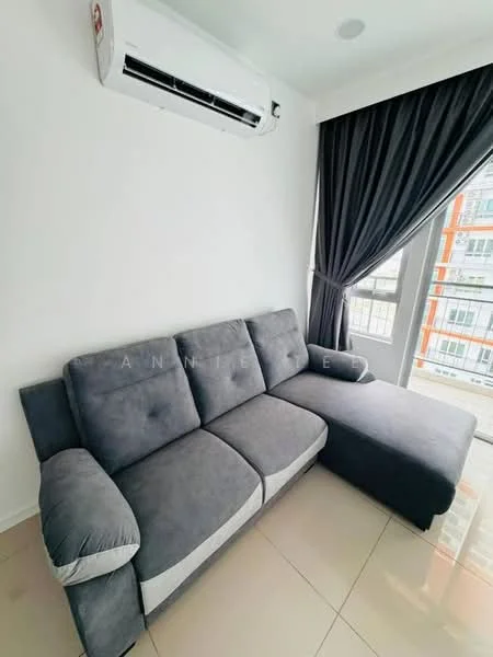 Living features: 3-seater fabric sofa in grey, sectional sofa with chaise, floor-to-ceiling windows, blackout curtains, wall-mounted split AC, cream painted walls, glossy tile flooring, natural light from windows; style: modern.