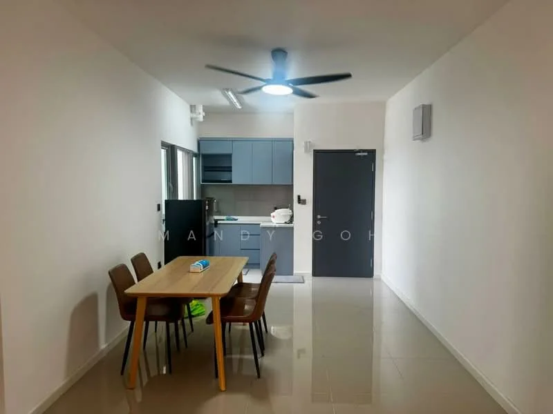 Dining features: dining table with four chairs, white walls, glossy tile flooring, 5-blade ceiling fan with light, recessed lighting, open layout to kitchen, kitchen visible in background, doorway leading to hallway; style: modern. Kitchen features: blue cabinetry, stainless-steel fridge, countertop with sink, built-in oven, ceramic tile backsplash, open shelving, kitchen island, recessed downlights; style: modern.