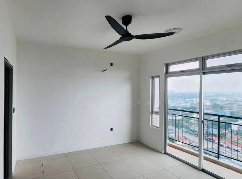 Room features: white painted walls, tiled flooring, 5-blade ceiling fan, floor-to-ceiling windows, balcony with railing, city view, light switch, air conditioning unit; style: modern; view: city.