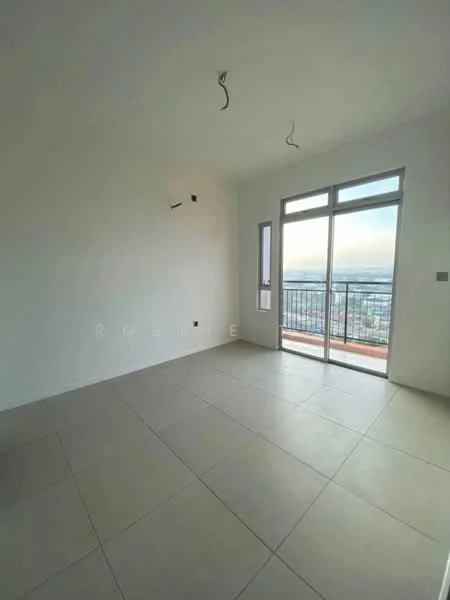 Room features: white painted walls, tile flooring, floor-to-ceiling windows, sliding glass door, balcony access, city view, two small windows, exposed ceiling wiring; view: city.