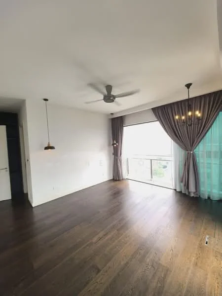 Living features: dark wood flooring, white painted walls, 5-blade ceiling fan, 2 pendant lights, floor-to-ceiling windows, sheer curtains, dark grey curtains, balcony access; style: modern; view: city.
