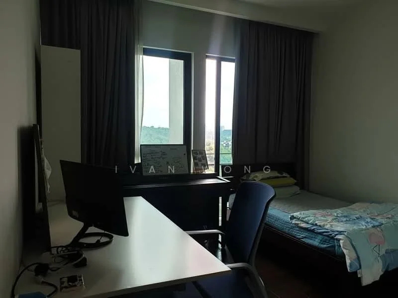 Bedroom features: single bed with blue bedding, desk with computer monitor, office chair, two windows with sheer curtains, wooden flooring, painted walls in light color, study materials on desk, decorative wall art, built-in wardrobe; style: modern; view: mountain.