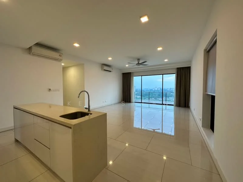 Living features: open-plan layout, large floor-to-ceiling windows, city view, white painted walls, recessed downlights, 5-blade ceiling fan, porcelain tile flooring, sliding glass door, curtains, air conditioning unit, kitchen island with sink, modern cabinetry; style: modern; view: city.