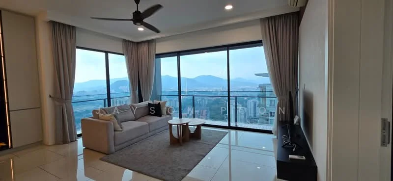 Living features: large floor-to-ceiling windows, grey fabric sofa, round coffee table, area rug, ceiling fan, wall-mounted TV, light-colored walls, marble tile flooring, curtains, mountain view; style: modern; view: mountain.
