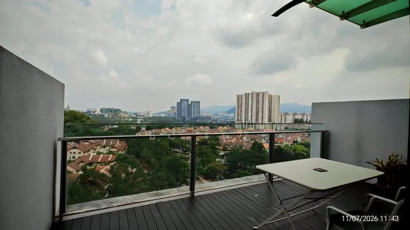 Room features: glass railing, outdoor table, green awning, wooden decking, city skyline view, surrounding greenery; style: modern; view: city.