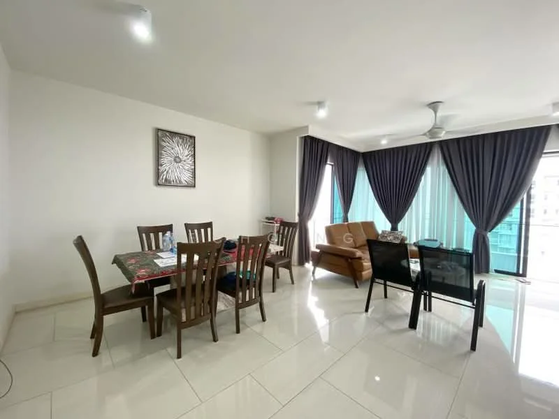 Living features: cream painted walls, glossy tile flooring, 5-blade ceiling fan with light, floor-to-ceiling windows, sheer curtains, dark brown leather sofa, glass coffee table, dining table with 6 wooden chairs, decorative wall art, black dining table, area rug; style: modern; view: city.