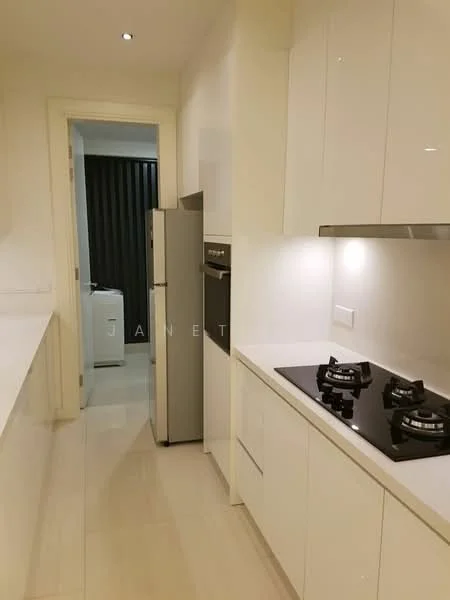 Kitchen features: white glossy cabinetry, stainless-steel fridge, built-in oven, 4-burner gas hob, black glass cooktop, white countertop, tile backsplash, recessed LED downlights, neutral tile flooring, laundry area visible in background; style: modern.