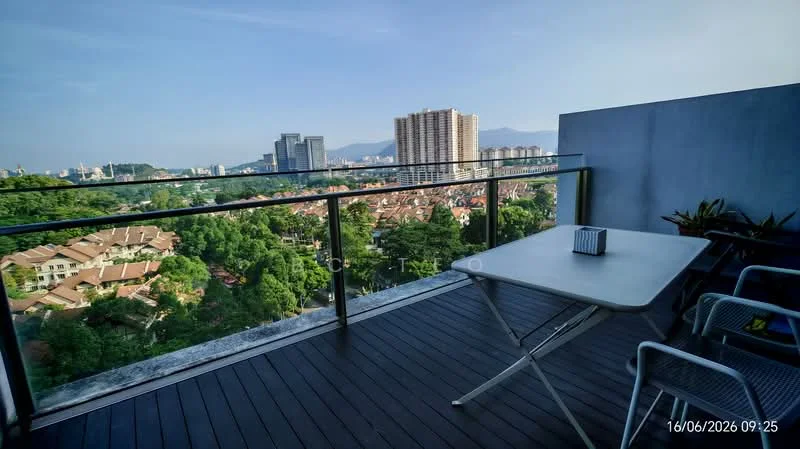 Room features: glass railing, outdoor dining table, two outdoor chairs, wooden decking, city skyline view, greenery view; style: modern; view: city.