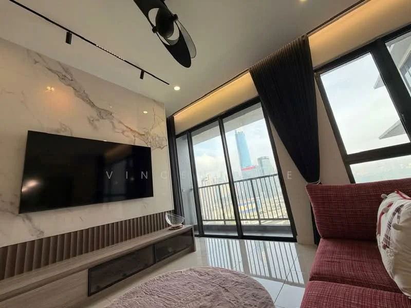 Living features: marble feature wall, wall-mounted TV, floor-to-ceiling windows, red fabric sofa, area rug, ceiling fan, blackout curtains, wooden TV console, city skyline view; style: modern; view: city.