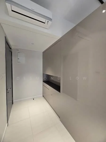 Room features: wall-mounted split AC, light grey glossy cabinetry, black countertop, white tile flooring, recessed ceiling lights, minimalist design, built-in storage, neutral wall color; style: modern.