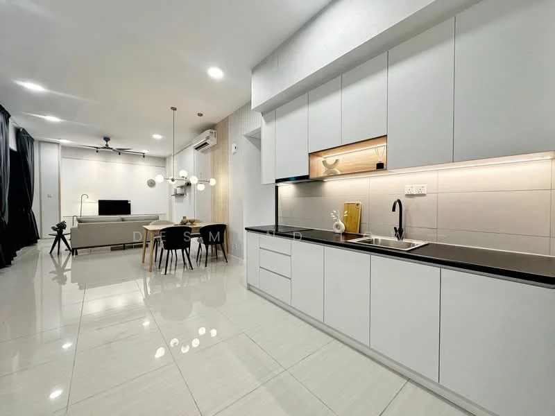 Kitchen features: white cabinetry, black countertop, single-bowl stainless-steel sink, chrome pull-down faucet, built-in oven, stainless-steel range hood, recessed downlights, ceramic tile flooring, open shelving, decorative vase, wall-mounted air conditioning unit; style: modern. Living features: sofa, dining table with chairs, pendant lighting, TV console, wall-mounted TV, area rug, floor-to-ceiling windows, blackout curtains; style: modern.