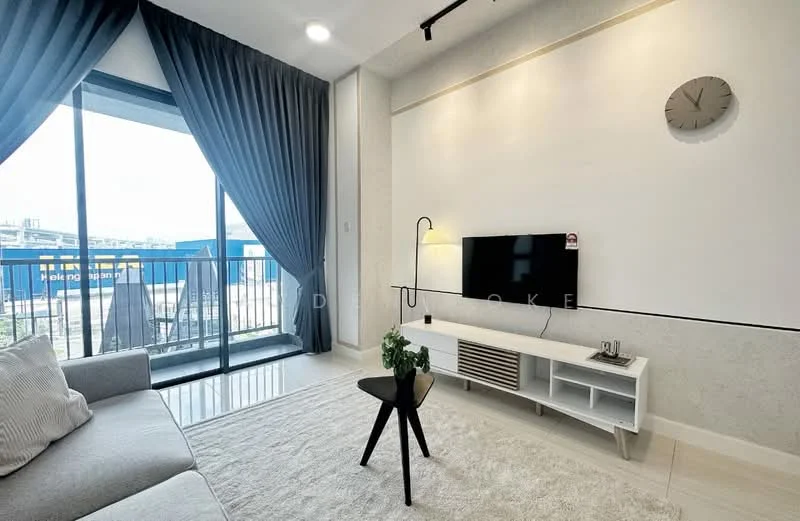 Living features: grey fabric sofa, area rug, wall-mounted TV, white TV console, black side table, floor-to-ceiling windows, curtains in dark grey, decorative wall clock, air conditioning unit, light-colored walls, recessed lighting; style: modern; view: city.