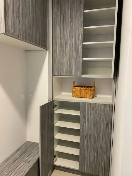 Laundry features: built-in cabinets with grey laminate finish, open shelving, white countertop, basket for storage, flooring not visible; style: modern.
