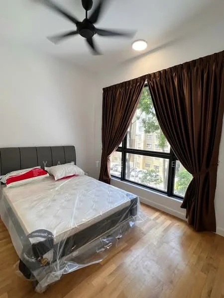 Bedroom features: queen-size bed, upholstered headboard, bedside lamps, floor-to-ceiling windows, blackout curtains, wooden flooring, ceiling fan, decorative mirror; style: modern; view: garden.