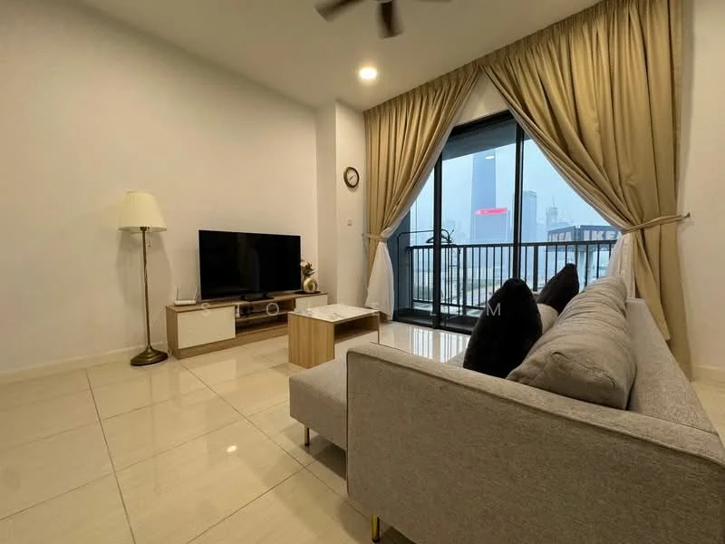 Living features: grey fabric sofa, coffee table with wooden legs, wall-mounted TV, TV console with white and wood finish, floor lamp, curtains in beige, large sliding glass door, white painted walls, tile flooring, ceiling fan, decorative wall clock; style: modern; view: city.