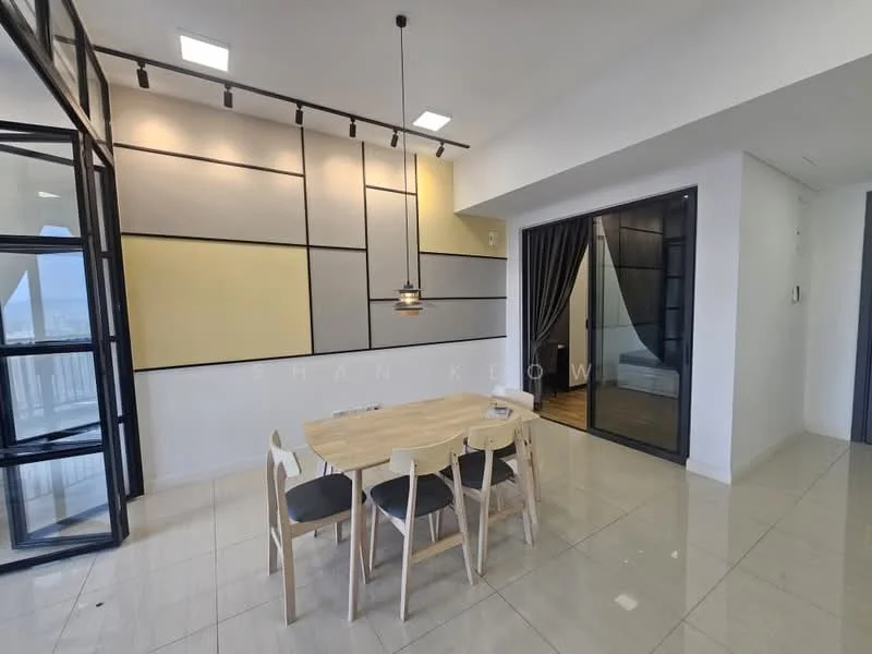 Dining features: wooden dining table, 4 wooden dining chairs, pendant lamp, white walls with geometric accent, tile flooring, floor-to-ceiling windows, sliding glass door, black curtains; style: modern; view: city. Room features: white walls, tile flooring, recessed downlights.