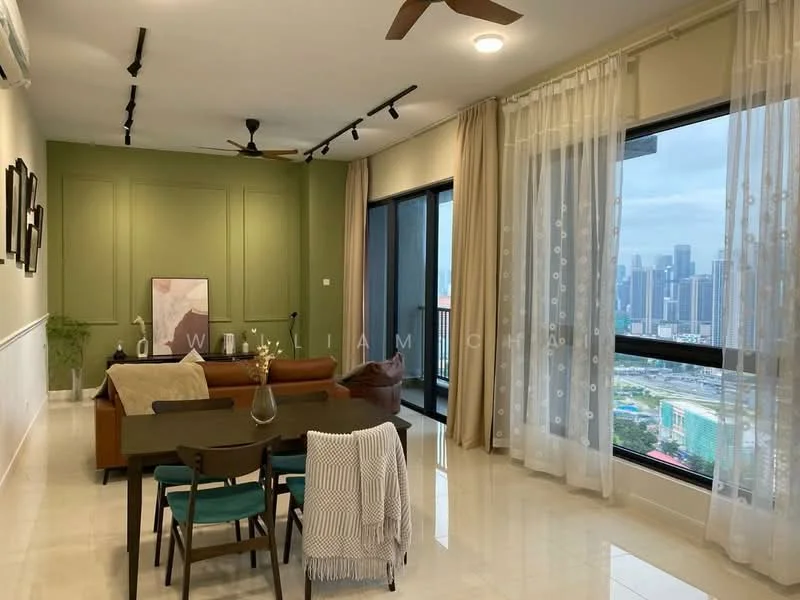 Living features: cream painted walls, green accent wall, polished tile flooring, 5-blade ceiling fan with light, recessed LED downlights, floor-to-ceiling windows, sheer curtains, brown leather sofa, wooden dining table, 4 upholstered dining chairs, decorative wall art, area rug, throw blanket; style: modern; view: city.