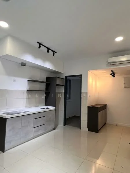 Kitchen features: white cabinetry with flat-panel doors, grey lower cabinets, ceramic tile flooring, white tiled backsplash, built-in stove, exhaust hood, single-bowl stainless-steel sink, chrome pull-down faucet, recessed LED downlights, wall-mounted split AC, open shelving, countertop space, neutral wall colour, doorway leading to another room; style: modern.