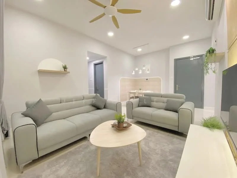 Living features: 2-seater fabric sofa in light grey, 3-seater fabric sofa in light grey, round wooden coffee table, area rug in neutral color, ceiling fan with light, wall-mounted TV, shelves with decorative plants, recessed downlights, light grey painted walls, white baseboards, air conditioning unit; style: modern.