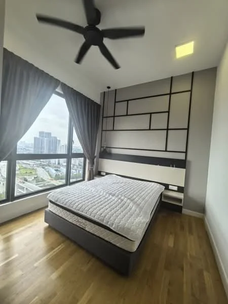Bedroom features: king-size bed, upholstered headboard, floor-to-ceiling windows, blackout curtains, wooden flooring, ceiling fan, nightstand, decorative wall paneling; style: modern; view: city.