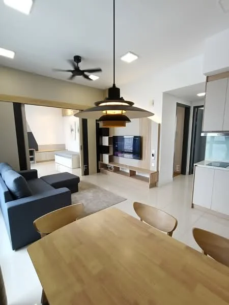 Living features: 3-seater fabric sofa in navy blue, coffee table, wall-mounted TV, TV console, area rug, 5-blade ceiling fan with light, recessed downlights, open-plan layout, white walls, cream tiled flooring, decorative wall paneling; style: modern. Dining features: wooden dining table, 4 wooden dining chairs, pendant lamp, open shelving, white cabinetry; style: modern.