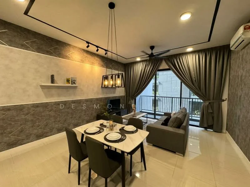 Living features: grey accent wall, white painted walls, recessed downlights, 5-blade ceiling fan with light, floor-to-ceiling windows, sliding glass door, sheer curtains, dark wood dining table, 4 dining chairs, sofa in grey fabric, decorative wall shelf, area rug, decorative plants; style: modern; view: garden.