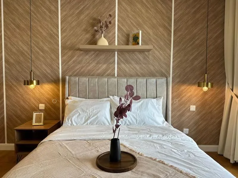 Bedroom features: king-size bed with upholstered headboard, white bedding, wooden bedside table, decorative vase with dried flowers, shelf above the bed, two pendant lights, textured brown accent wall, curtains, wooden flooring; style: modern.