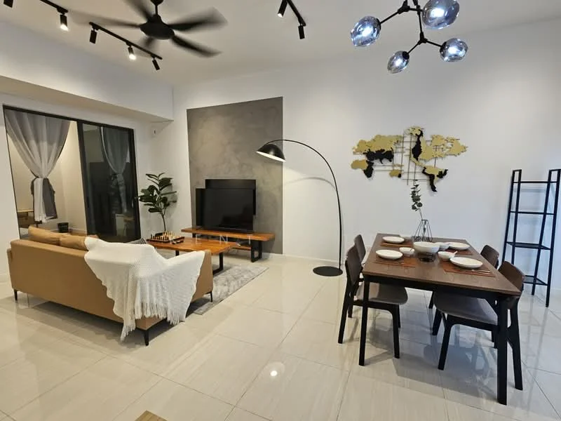 Living features: 3-seater fabric sofa in beige, decorative throw blanket, coffee table with decorative items, wall-mounted TV, floor lamp with curved arm, area rug with geometric pattern, 5-blade ceiling fan with light, large sliding glass door, curtains in light grey, decorative wall art with map design, dining table with 4 chairs, table setting with plates; style: modern.