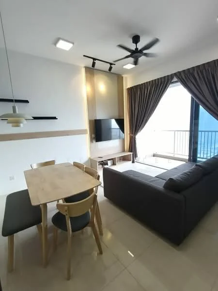 Living features: 3-seater fabric sofa in dark grey, coffee table, wall-mounted TV, dining table for 4 with wooden top, 4 dining chairs, floor-to-ceiling windows, curtains, ceiling fan with light, recessed LED downlights, light-colored wall, cream tiled flooring, wood panel feature wall; style: modern; view: sea.
