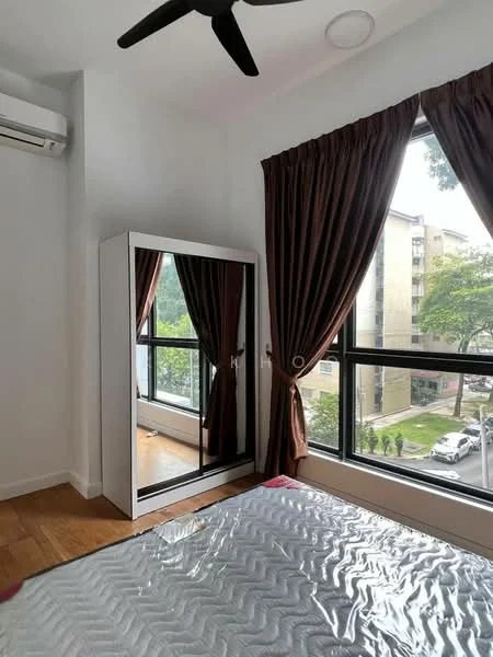 Bedroom features: wooden flooring, white painted walls, floor-to-ceiling windows, dark brown curtains, mirror wardrobe, queen-size bed, 1 wall-mounted split AC, ceiling fan; style: modern; view: garden.