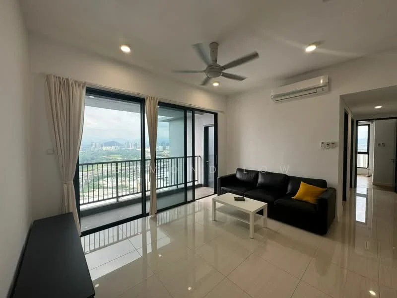Living features: 3-seater black leather sofa, white coffee table, floor-to-ceiling sliding glass doors, balcony access, white painted walls, recessed downlights, ceiling fan, glossy ceramic tile flooring, curtains, air conditioning unit; style: modern; view: city.