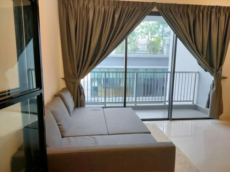 Living features: grey fabric sectional sofa, floor-to-ceiling sliding glass door, sheer curtains, balcony view, white walls, glossy tile flooring, recessed downlights, neutral color palette; style: modern; view: balcony.