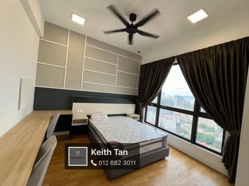 Bedroom features: king-size bed, upholstered headboard, wooden desk, wooden flooring, 5-blade ceiling fan with light, floor-to-ceiling windows, blackout curtains, decorative wall with geometric pattern, city view; style: modern; view: city.