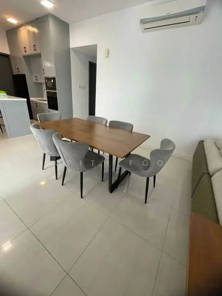 Dining features: 6-seater dining table, wood dining table with a natural finish, upholstered dining chairs in grey, white painted walls, tile flooring, recessed downlights, wall-mounted split AC; style: modern. Kitchen features: kitchen cabinetry in grey, built-in oven, stainless-steel fridge, countertop with a smooth finish; style: modern.
